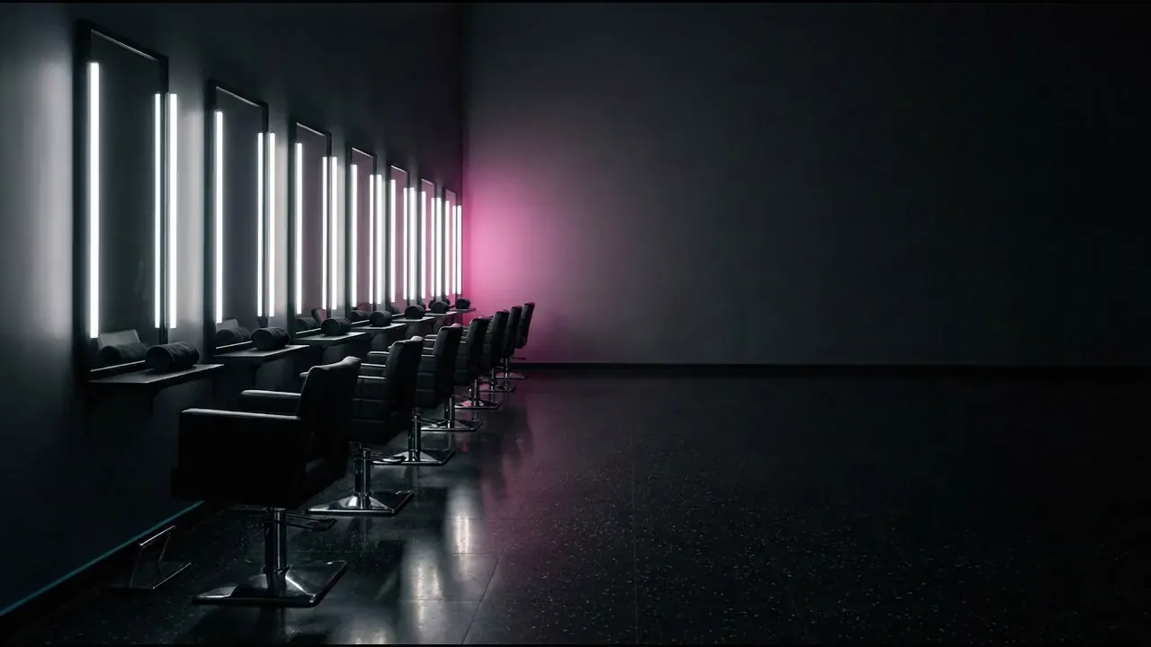A long row of styling stations in a dark salon, lit by vertical mirror light bars, with a magenta wall wash at the far end.